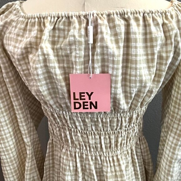 LEYDEN Smocked Boho Mini Peasant Prairie Beige & White Plaid Dress - NWT - L - Picture 6 of 16